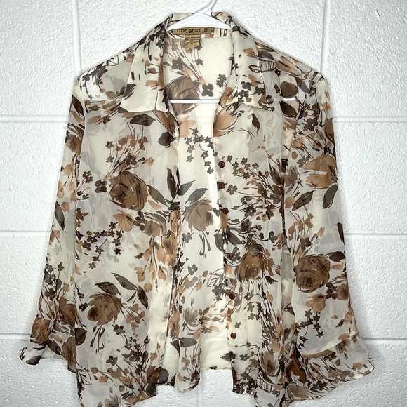 Notations Tops - < Women’s Notations Sheer Brown Floral Button Down >